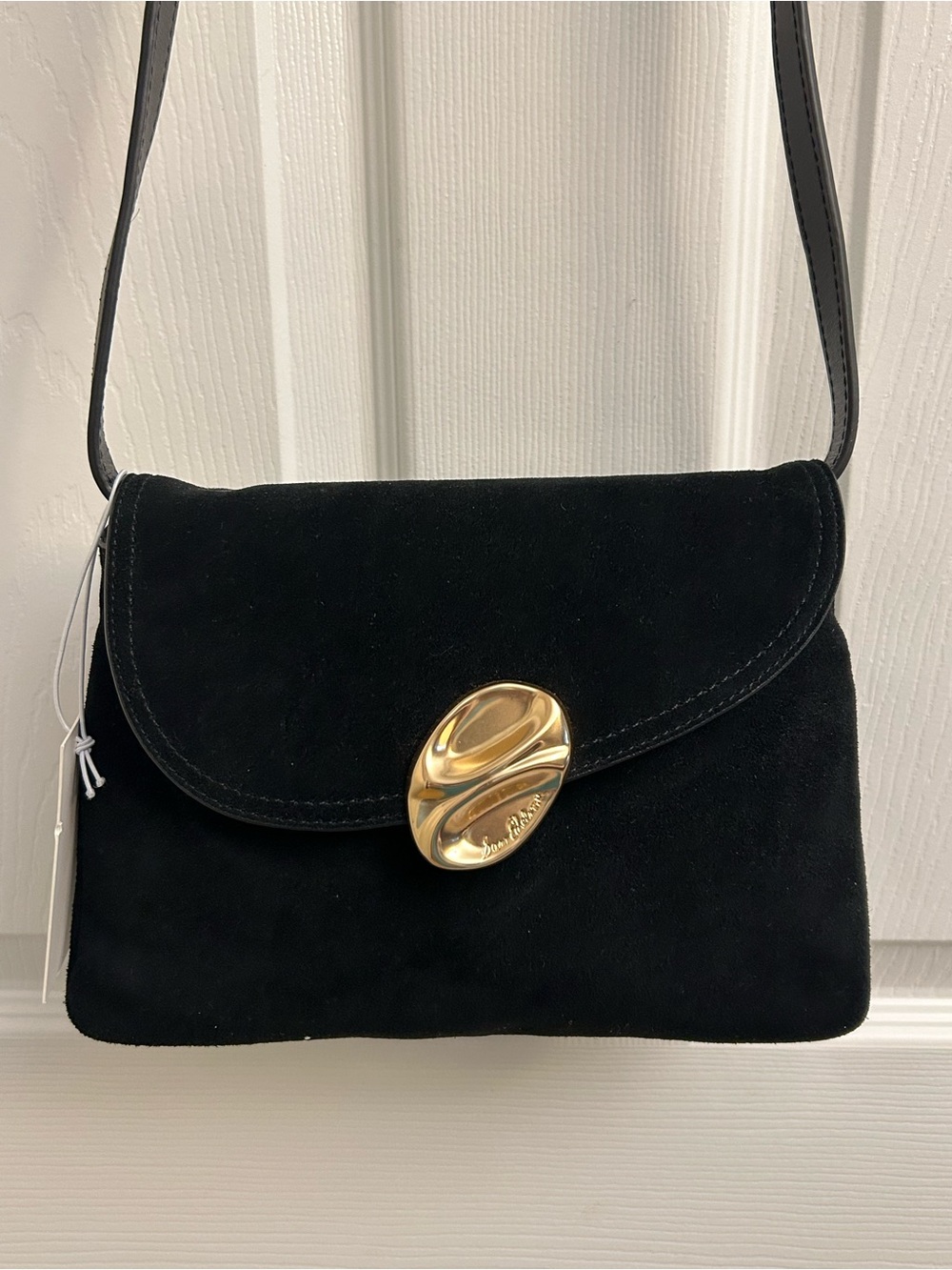 Sam Edelman Black Suede Shoulder/Crossbody Bag with Gold Sculpted Clasp